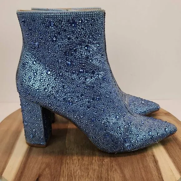 Betsey Johnson Light Blue Cady Rhinestone Ankle Bootie Women's size 8.5 M
