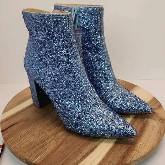 Betsey Johnson Light Blue Cady Rhinestone Ankle Bootie Women's size 8.5 M
