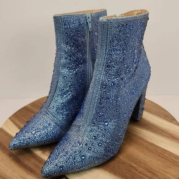 Betsey Johnson Light Blue Cady Rhinestone Ankle Bootie Women's size 8.5 M