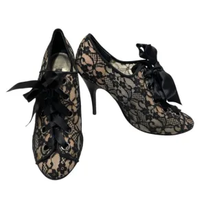 Beverly Feldman Black and Cream Ribbon Lace Up Bootie Pump Heels Size 7.5 Y2K