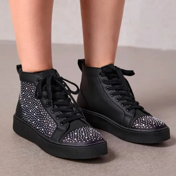 Black Faux Leather High Top Boots with Rhinestone