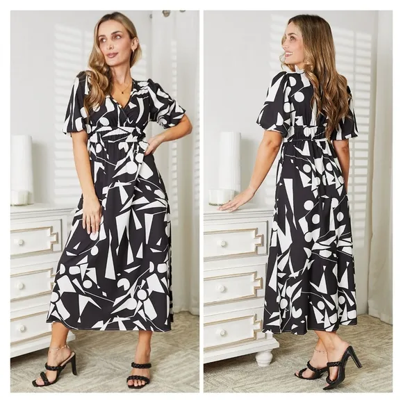 Black Printed V-Neck Surplice Balloon Sleeve Dress
