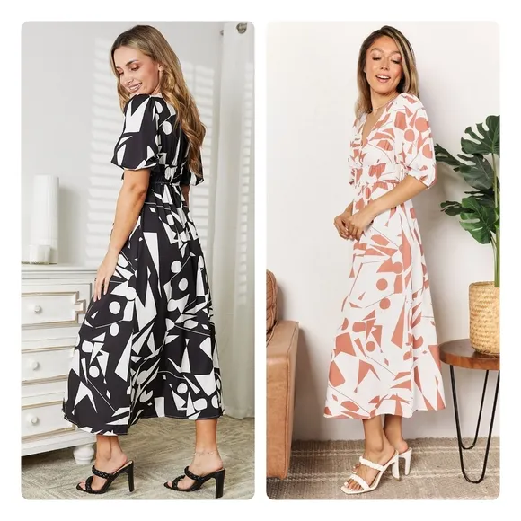 Black Printed V-Neck Surplice Balloon Sleeve Dress