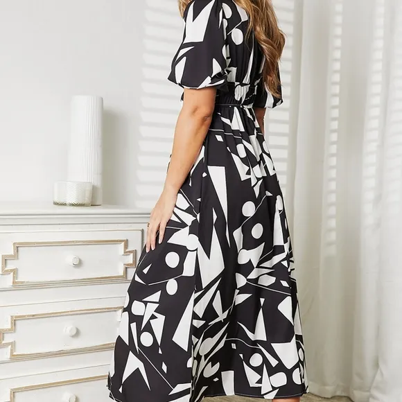 Black Printed V-Neck Surplice Balloon Sleeve Dress