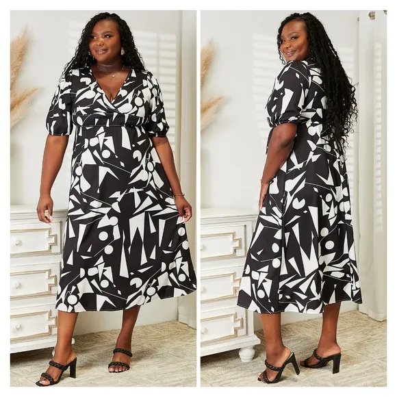 Black Printed V-Neck Surplice Balloon Sleeve Dress