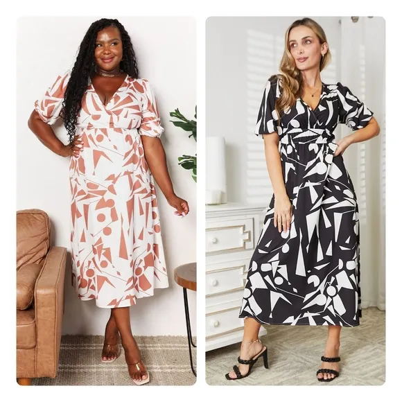 Black Printed V-Neck Surplice Balloon Sleeve Dress