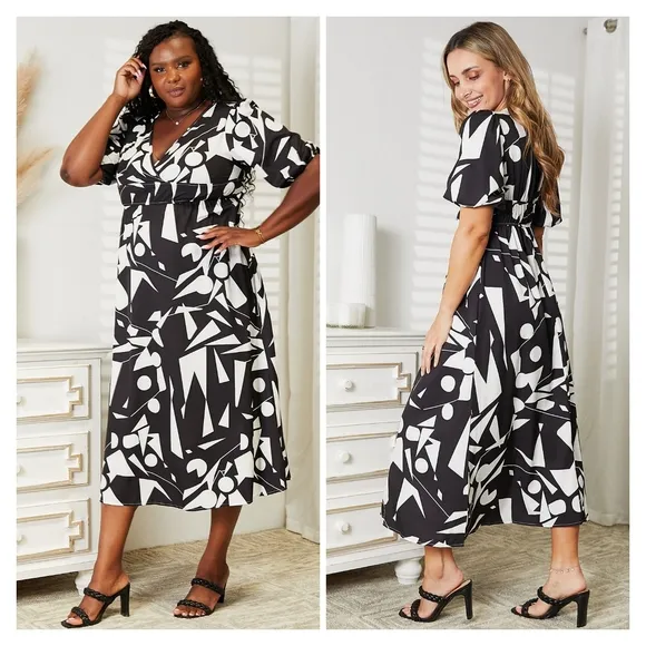 Black Printed V-Neck Surplice Balloon Sleeve Dress