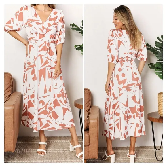 Black Printed V-Neck Surplice Balloon Sleeve Dress