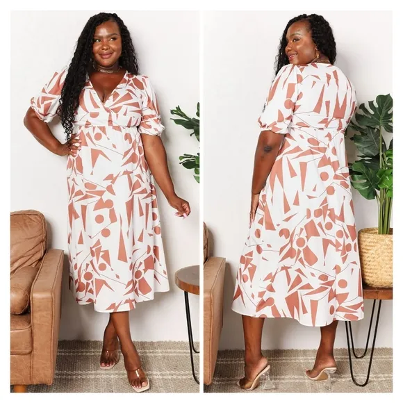 Black Printed V-Neck Surplice Balloon Sleeve Dress