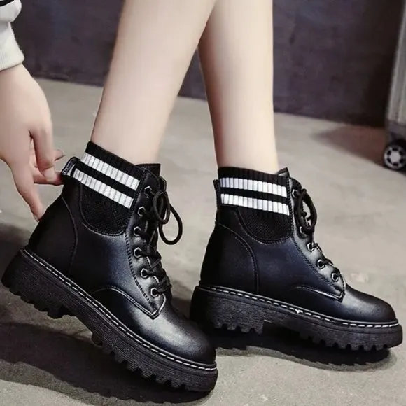 Bold Leather Combat Ankle Boots | Women Sock Boots Striped with Fleece