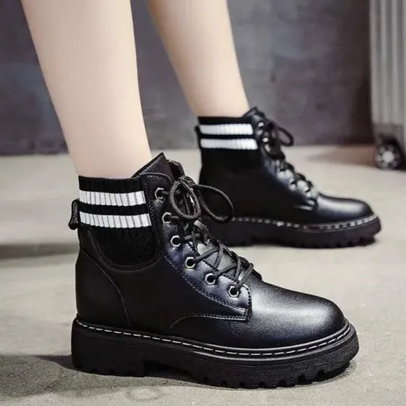 Bold Leather Combat Ankle Boots | Women Sock Boots Striped with Fleece