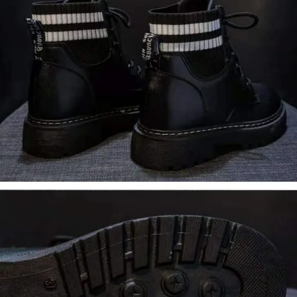 Bold Leather Combat Ankle Boots | Women Sock Boots Striped with Fleece