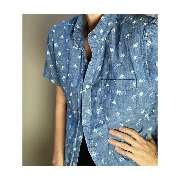 Bonobos Short Sleeve Button Down Shirt Floral Print Chambray ~ Sz L Slim Fit