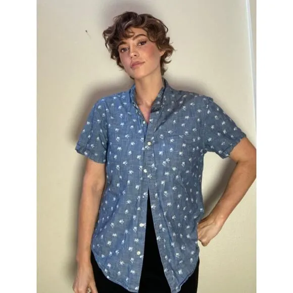 Bonobos Short Sleeve Button Down Shirt Floral Print Chambray ~ Sz L Slim Fit