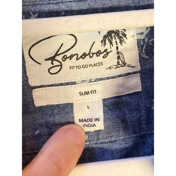 Bonobos Short Sleeve Button Down Shirt Floral Print Chambray ~ Sz L Slim Fit