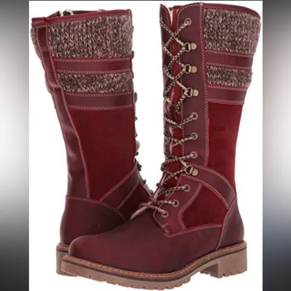 Bos &amp; Co Holding Leather Wool Shearling Burgundy Lace-Up Snow Tall Boot 40 9 9.5