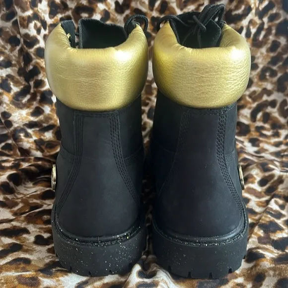 Brand New Timberland 6&quot; Leather Black &amp; Gold Metallic Lace Up Hiking Boots