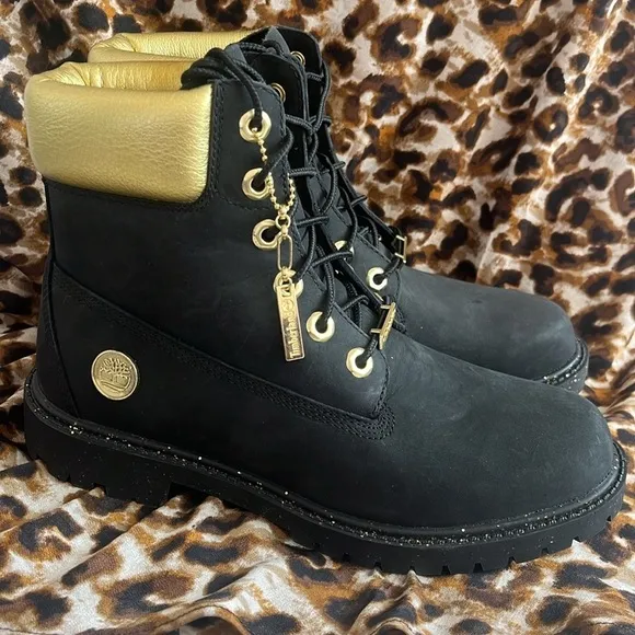 Brand New Timberland 6&quot; Leather Black &amp; Gold Metallic Lace Up Hiking Boots
