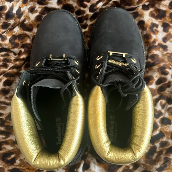 Brand New Timberland 6&quot; Leather Black &amp; Gold Metallic Lace Up Hiking Boots