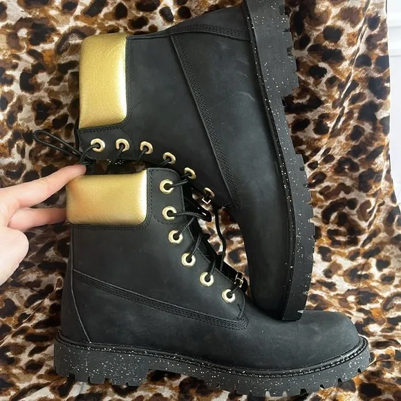 Brand New Timberland 6&quot; Leather Black &amp; Gold Metallic Lace Up Hiking Boots