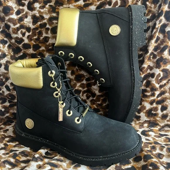 Brand New Timberland 6&quot; Leather Black &amp; Gold Metallic Lace Up Hiking Boots