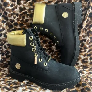 Brand New Timberland 6&quot; Leather Black &amp; Gold Metallic Lace Up Hiking Boots