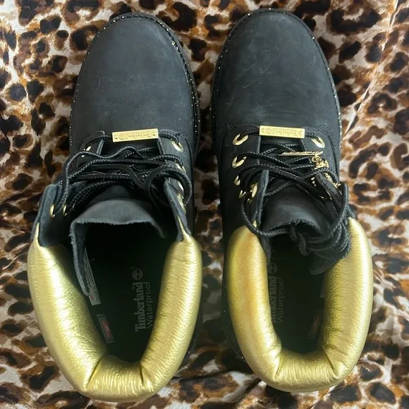 Brand New Timberland 6&quot; Leather Black &amp; Gold Metallic Lace Up Hiking Boots
