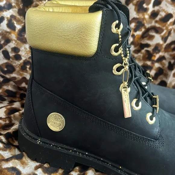 Brand New Timberland 6&quot; Leather Black &amp; Gold Metallic Lace Up Hiking Boots