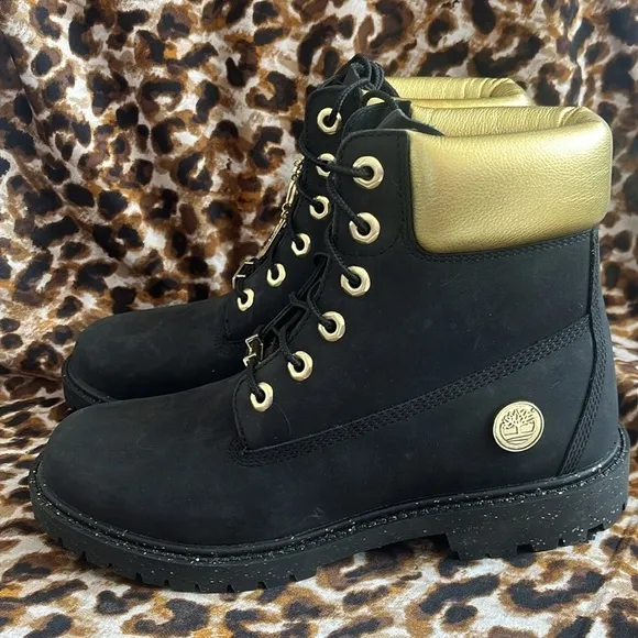 Brand New Timberland 6&quot; Leather Black &amp; Gold Metallic Lace Up Hiking Boots