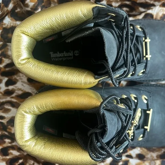 Brand New Timberland 6&quot; Leather Black &amp; Gold Metallic Lace Up Hiking Boots