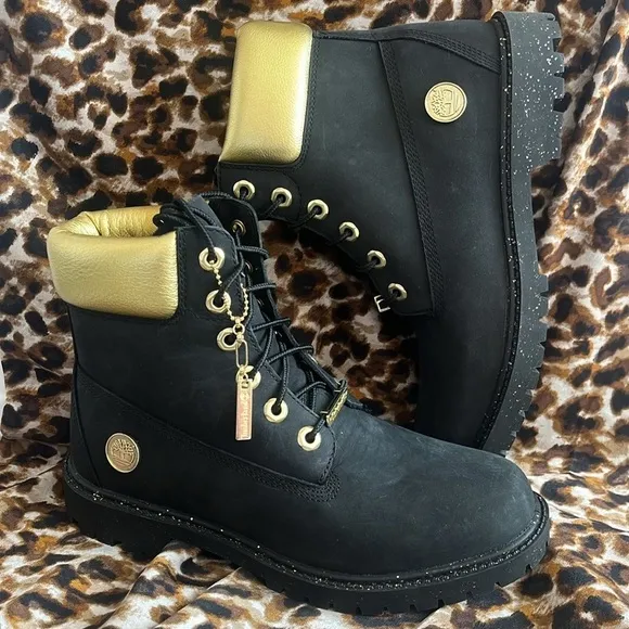 Brand New Timberland 6&quot; Leather Black &amp; Gold Metallic Lace Up Hiking Boots
