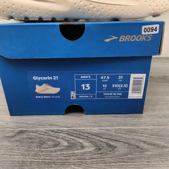 Brooks Glycerin 21 Snow Dawn Straw Size 13 Mens Grey Running Casual Shoes