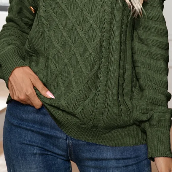 Buttoned Elegance Cold Shoulder Sweater - Green