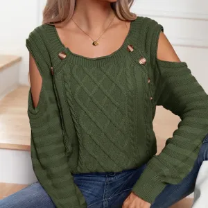 Buttoned Elegance Cold Shoulder Sweater - Green