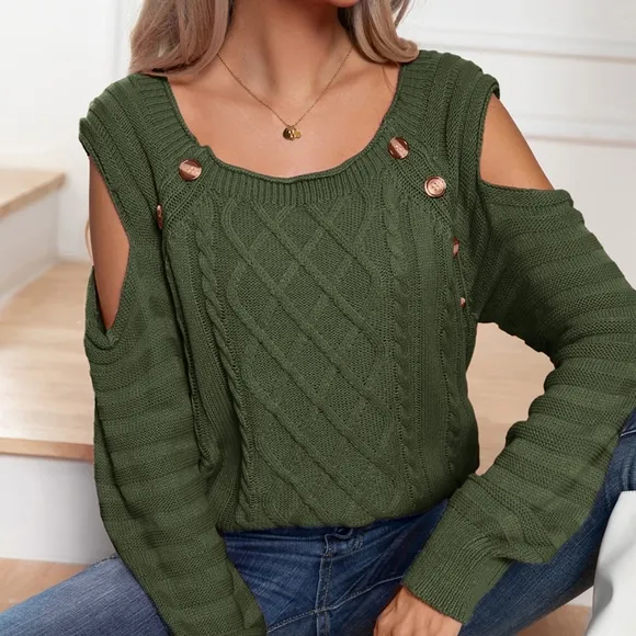 Buttoned Elegance Cold Shoulder Sweater - Green