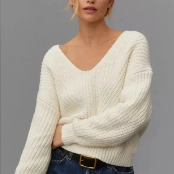 By Anthropologie creamy ivory v neck sweater S cable knit design pointelle