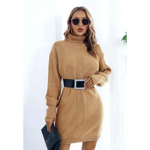Camel Turtleneck Sweater Dress