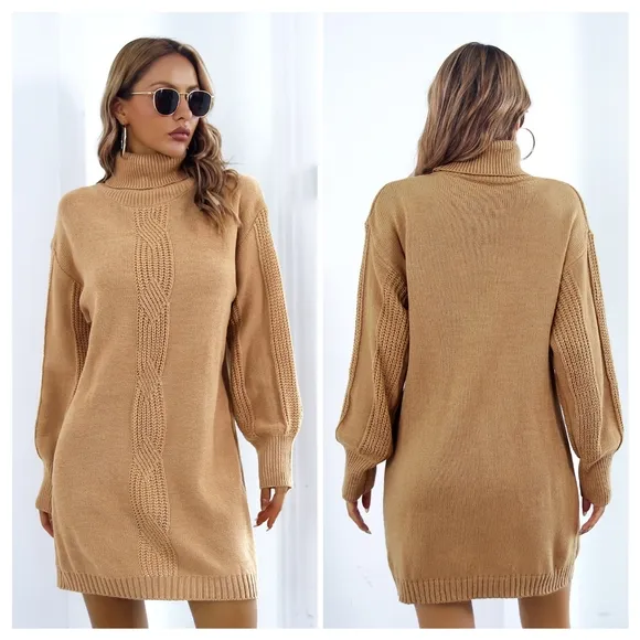 Camel Turtleneck Sweater Dress