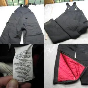 Carhartt Duck Bib Overalls Mens 38X33 Black Quilt Lined Zip Leg Made In USA