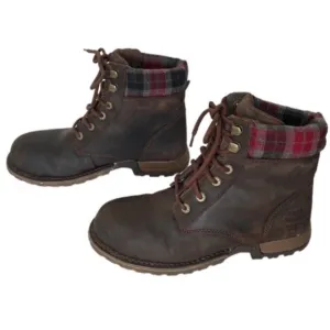 CAT Work Boots Leather Steel Toe Brown Oil Slip Resistant Flex 8.5 Plaid Trimmed