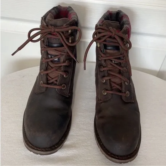 CAT Work Boots Leather Steel Toe Brown Oil Slip Resistant Flex 8.5 Plaid Trimmed