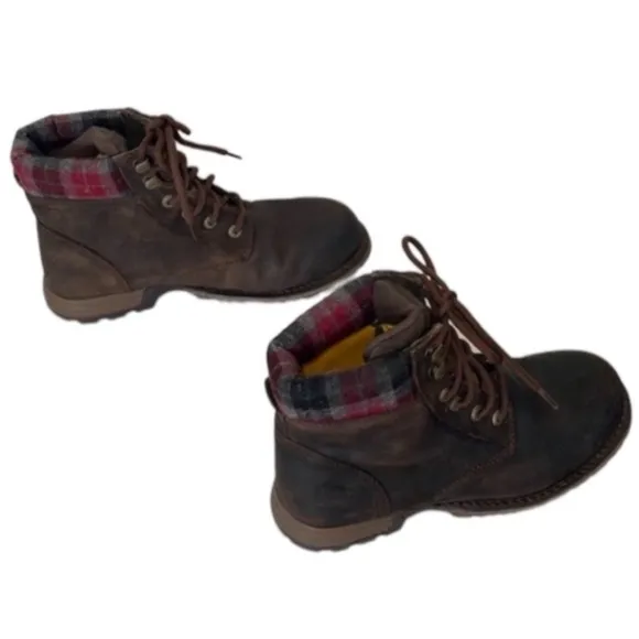 CAT Work Boots Leather Steel Toe Brown Oil Slip Resistant Flex 8.5 Plaid Trimmed