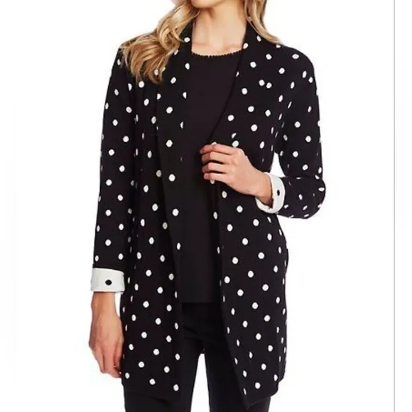 CeCe Size Small Black Polka Dot Roll Collar Open Front Cardigan Jacket Cozy Rich