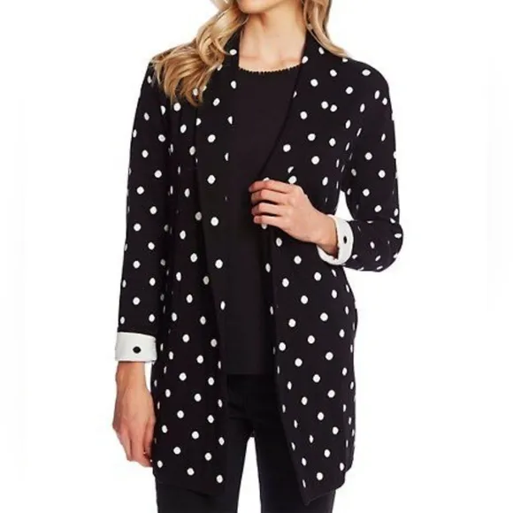 CeCe Size Small Black Polka Dot Roll Collar Open Front Cardigan Jacket Cozy Rich