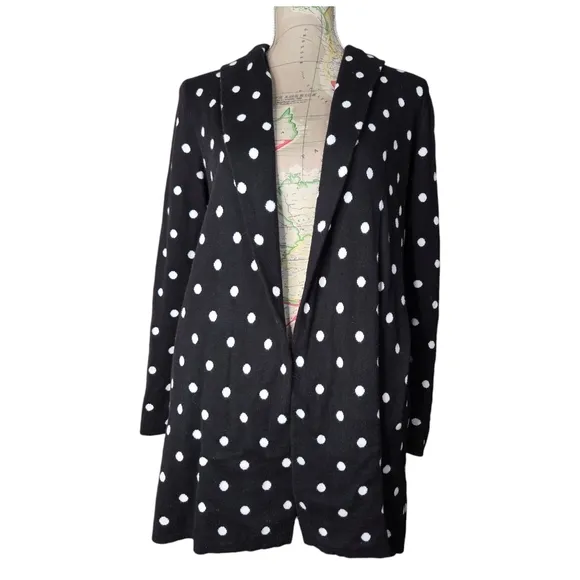 CeCe Size Small Black Polka Dot Roll Collar Open Front Cardigan Jacket Cozy Rich