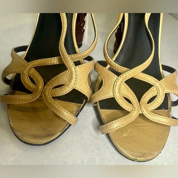 Chanel Paris to Shanghai Gold Heels w/ Carved Heel detail sz 38 from the runway