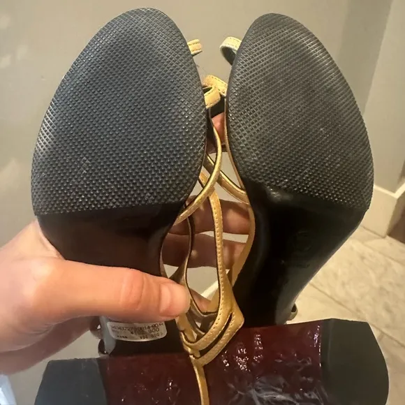 Chanel Paris to Shanghai Gold Heels w/ Carved Heel detail sz 38 from the runway
