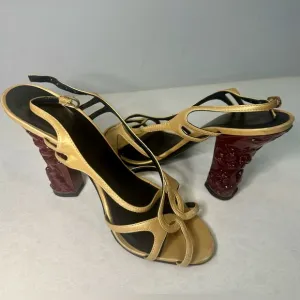 Chanel Paris to Shanghai Gold Heels w/ Carved Heel detail sz 38 from the runway