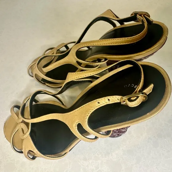 Chanel Paris to Shanghai Gold Heels w/ Carved Heel detail sz 38 from the runway