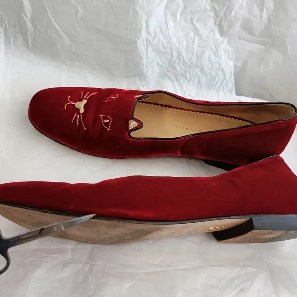 Charlotte Olympia  Cat red velvet slipper 44